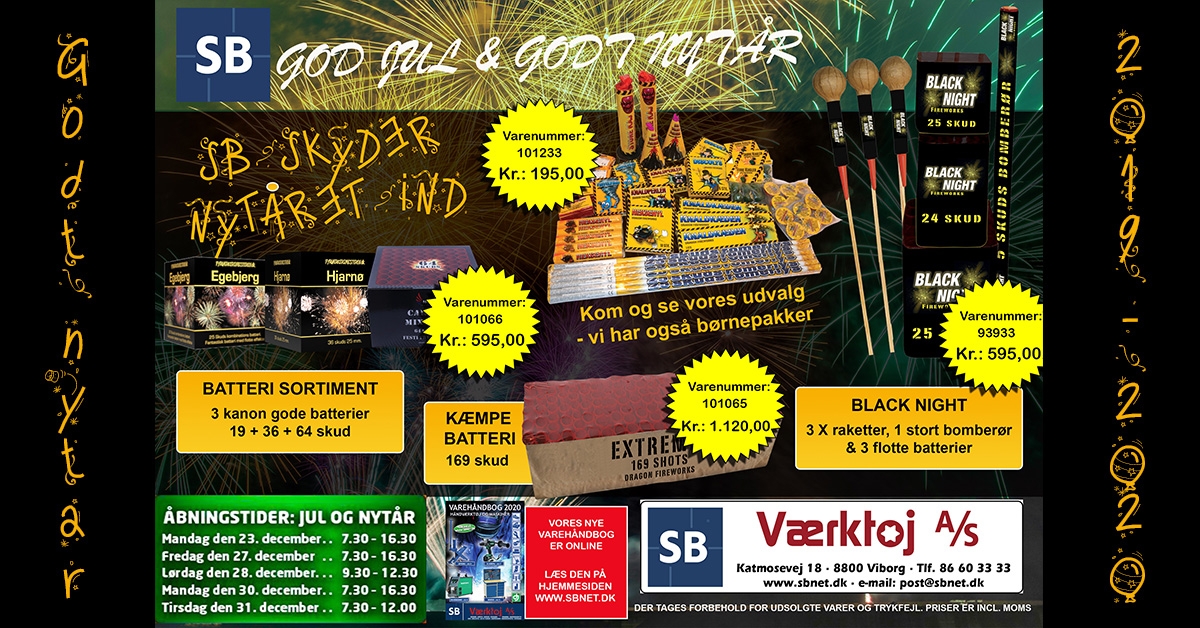 BEMÆRK: Nytårsfyrværkeri sælges KUN i butikken. Sælges til 31. december 2019. Priser er inklusiv moms.